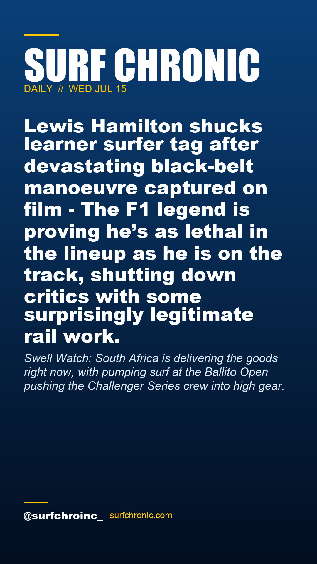 Surf Chronic Daily — Lewis Hamilton shucks learner surfer tag after devastating black-belt manoeuvre captured on film - The F1 legend is proving he’s as lethal in the lineup as he is on the track, shutting down critics with some surprisingly legitimate rail work.