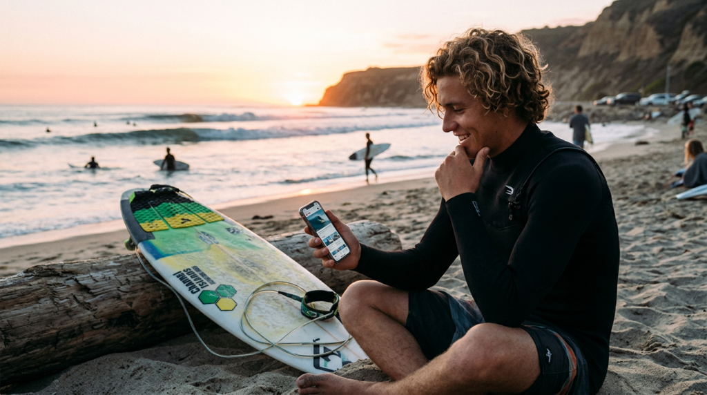 Surfer sitting on sand next to surfboard looking at phone at sunset beach